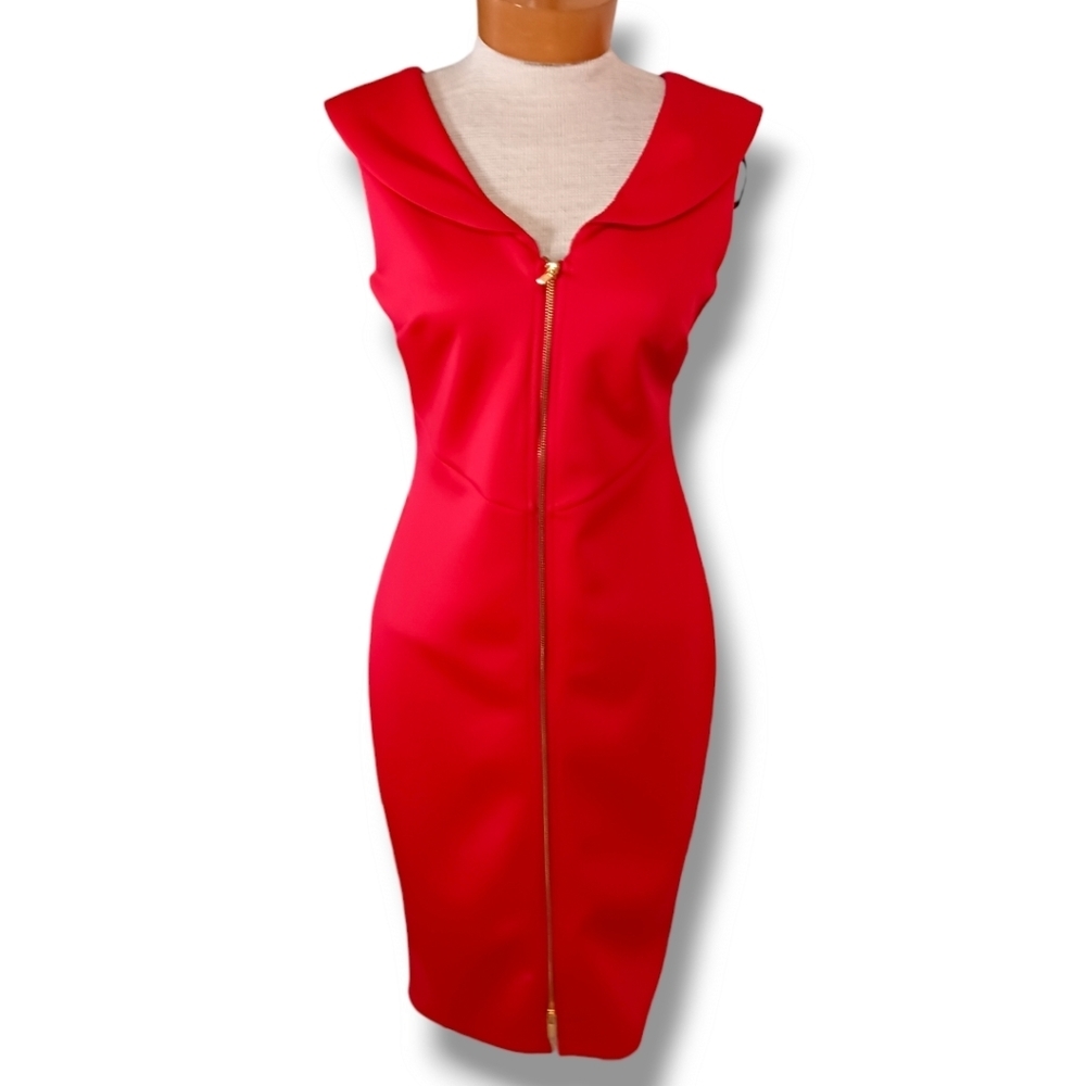 Enfocus Studio Red Bodycon Sheath Dress Size 6 Gold Zipper Front Midi Holidays